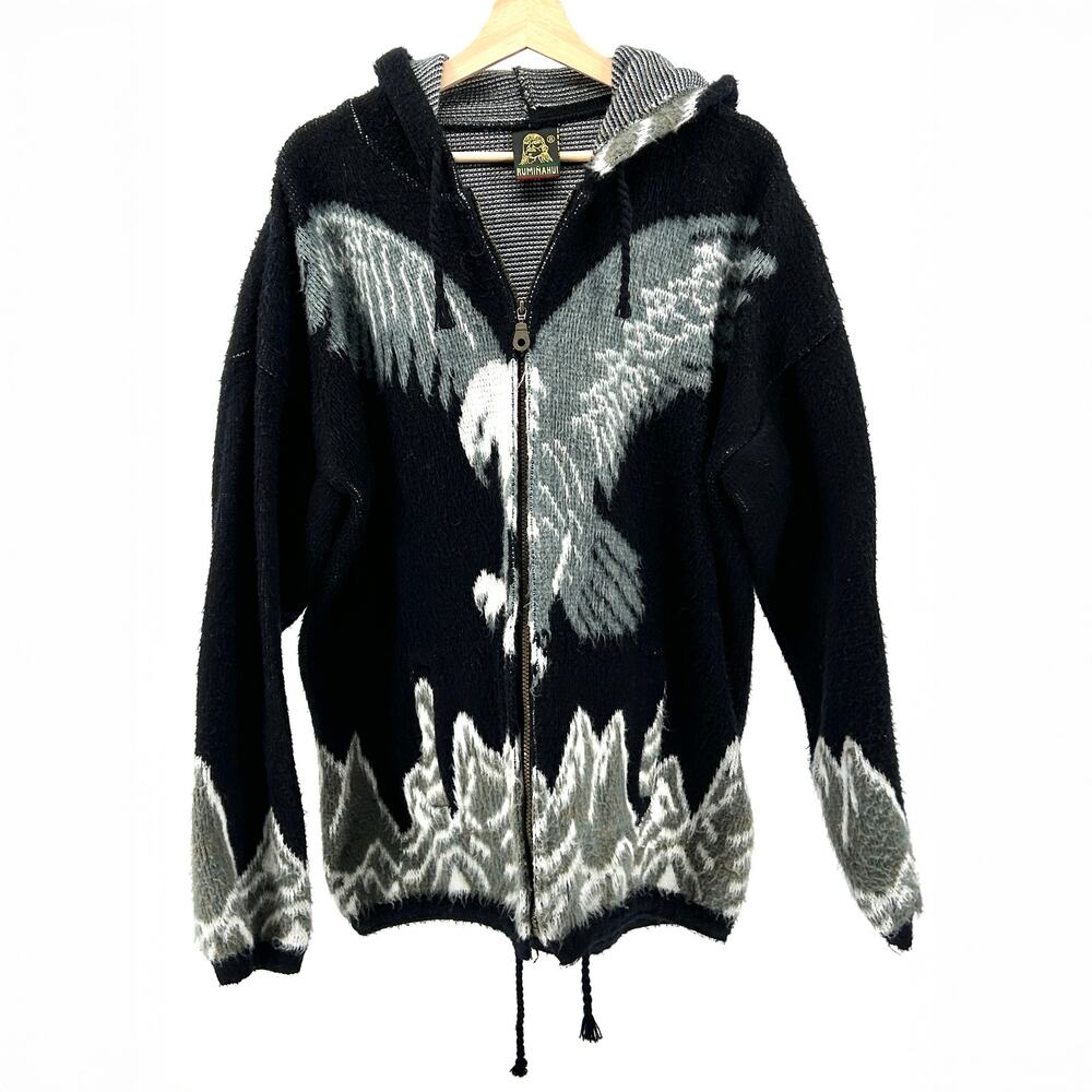Ruminahui Black Gray 100% Wool Eagle Mountains Zip Hoodie Sweater
